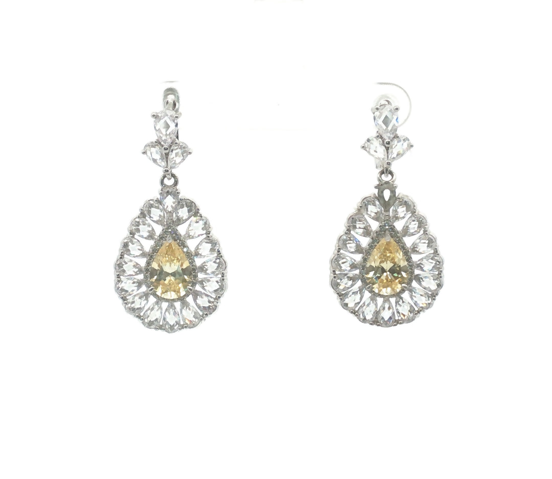 925 Sterling Silver Yellow Pendant Necklace with Earring Set Studded With Cubic Zircons