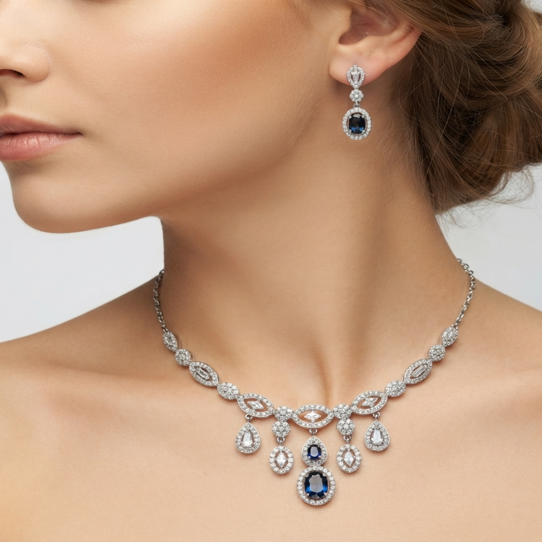 Premium 925 Silver Oval Shape Necklace & Earrings Set for Women