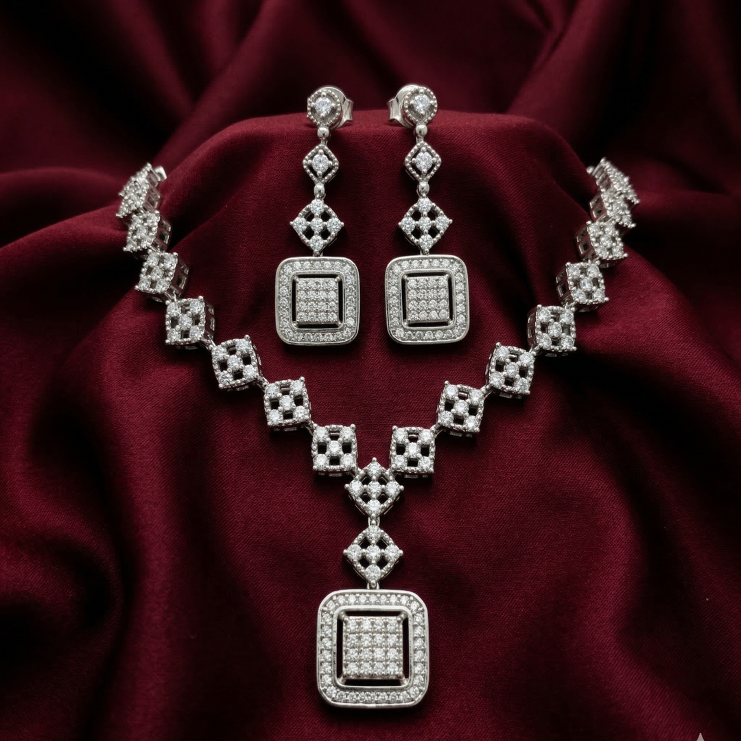 Princess 925 Sterling Silver Necklace & Earrings Set with Sparkling Cubic Zirconia Stones