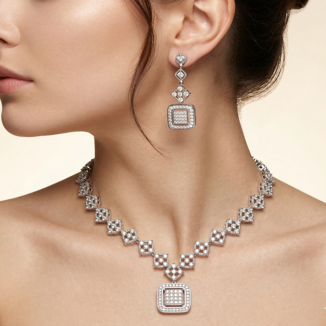 Princess 925 Sterling Silver Necklace & Earrings Set with Sparkling Cubic Zirconia Stones
