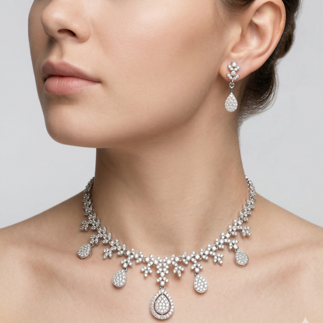 Pear Shape 925 Sterling Silver Necklace & Earrings Set with Sparkling Cubic Zirconia Stones