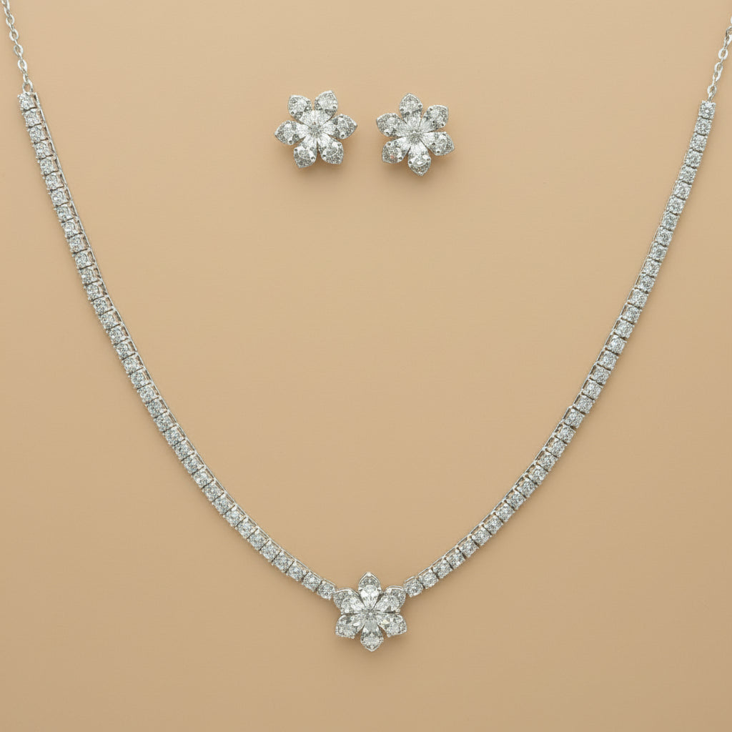 925 Sterling Silver Necklace with Stud Earring Set Studded With Cubic Zircons