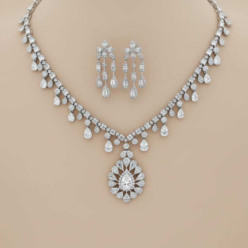 925 Sterling Silver Necklace with Earring Set Studded With Cubic Zircons