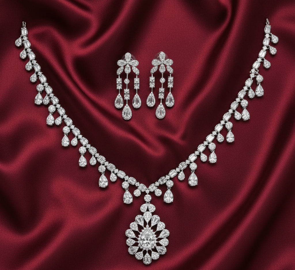 925 Sterling Silver Necklace with Earring Set Studded With Cubic Zircons