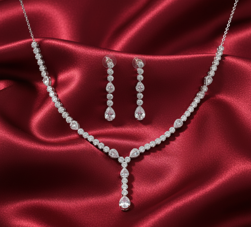 925 Sterling Silver Necklace with Earring Set Studded With Cubic Zircons