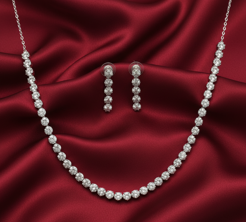 925 Sterling Silver Necklace with Earring Set Studded With Cubic Zircons