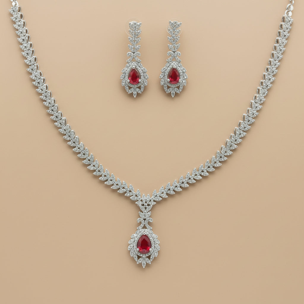 925 Sterling Silver Pink Stone Necklace with Earring Set Studded With Cubic Zircons