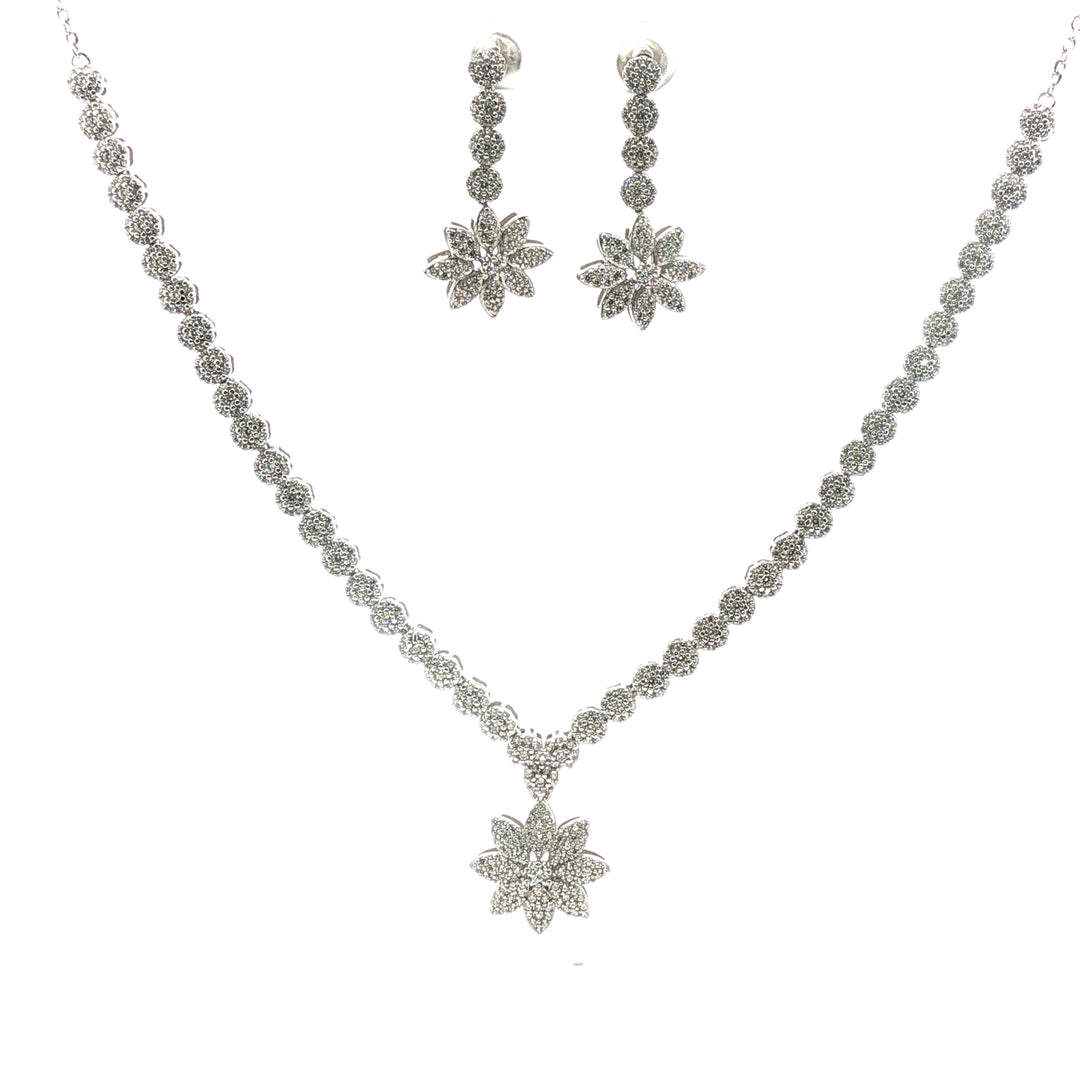 Floral 925 Sterling Silver Necklace & Earrings Set with Sparkling Cubic Zirconia Stones