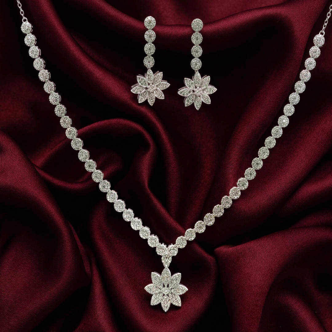 Floral 925 Sterling Silver Necklace & Earrings Set with Sparkling Cubic Zirconia Stones