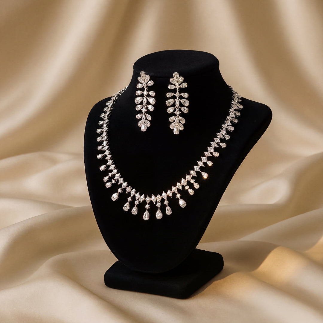 925 Sterling Silver Designer Necklace Set with Crystal Accents