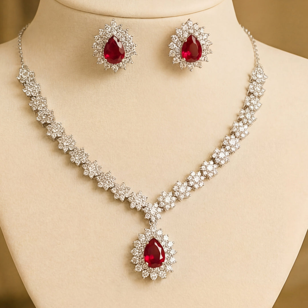 Elegant 925 Sterling Silver Necklace Set with Crystal Pendant & Stud Earrings