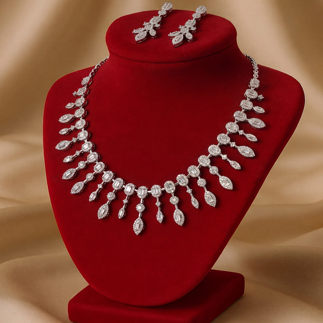 Designer 925 Silver Necklace Set with Sparkling Dangling Drops