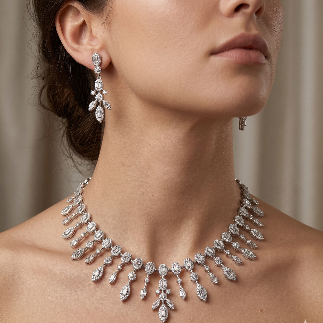 Designer 925 Silver Necklace Set with Sparkling Dangling Drops