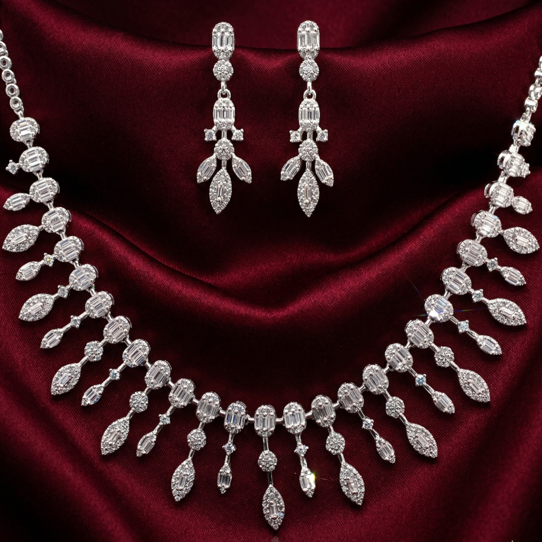 Designer 925 Silver Necklace Set with Sparkling Dangling Drops