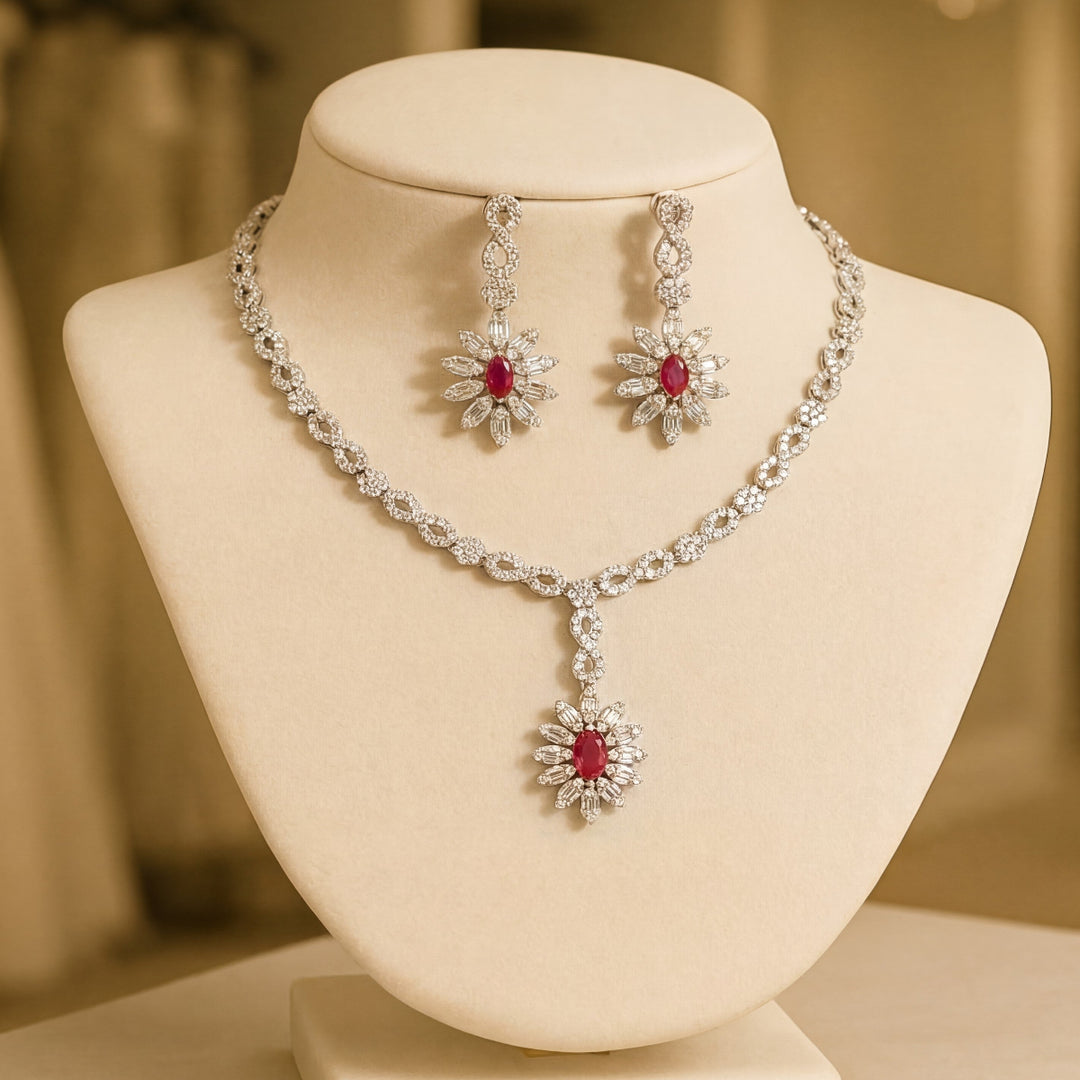 Elegant 925 Sterling Silver Necklace Set with Crystal Pendant & Stud Earrings
