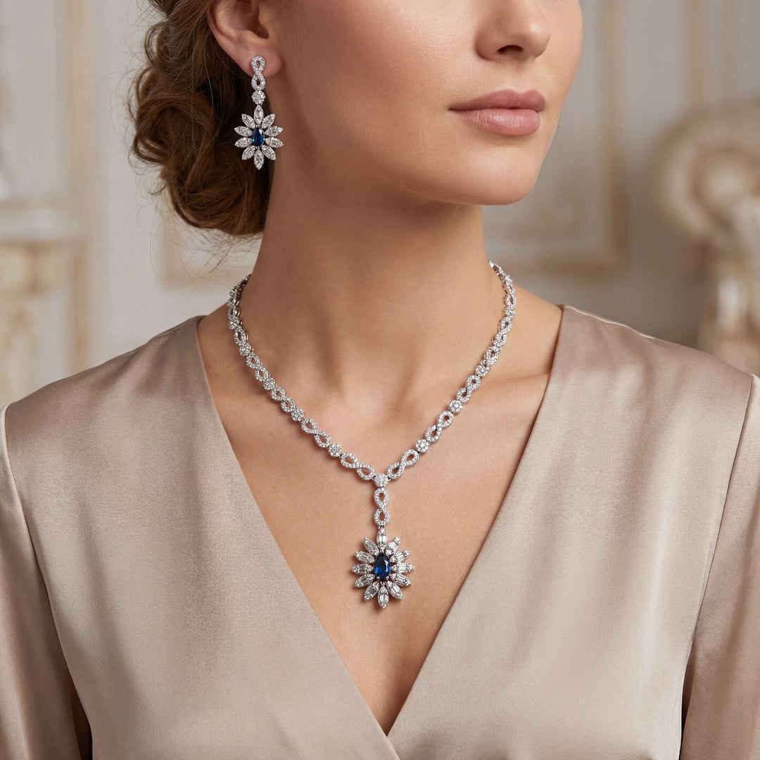 Elegant 925 Sterling Silver Necklace Set with Crystal Pendant & Stud Earrings