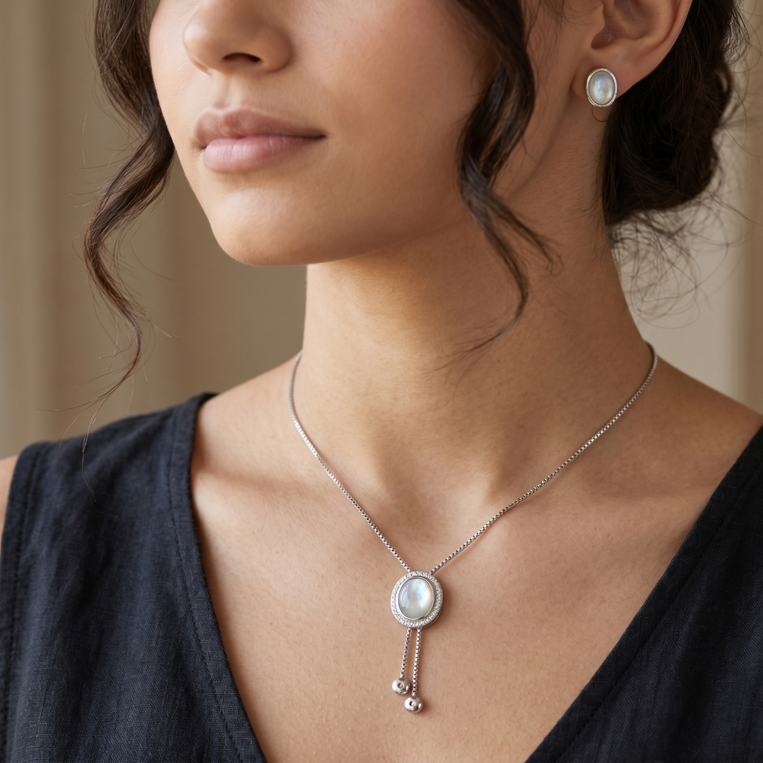 925 Sterling Silver Necklace with Earring Set Studded With Cubic Zircons