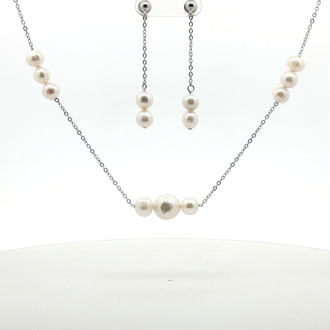 Luxury 925 Silver Pearl Necklace & Long Stud Earrings