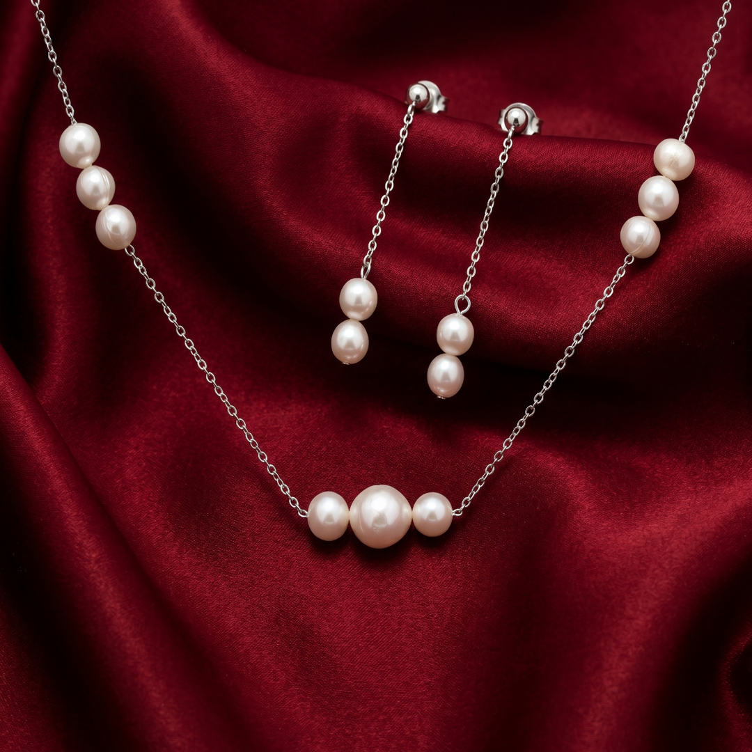 Luxury 925 Silver Pearl Necklace & Long Stud Earrings