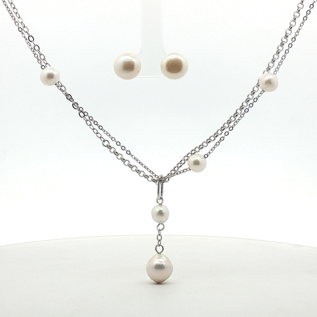 Elegant 925 Sterling Silver Pearl Necklace & Stud Earring Set