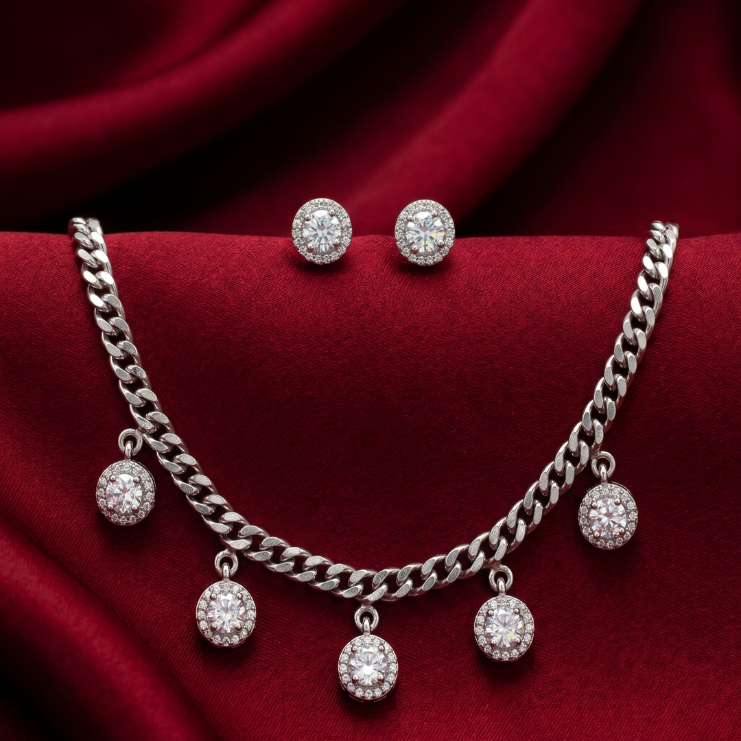 Round Shape Timeless 925 Silver Necklace & Earrings Set for Women