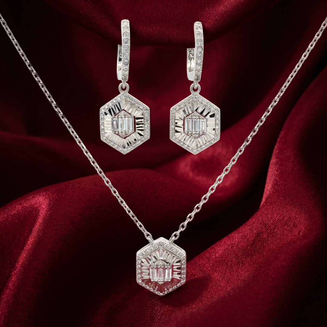 Round Shape Timeless 925 Silver Necklace & Earrings Set for Women