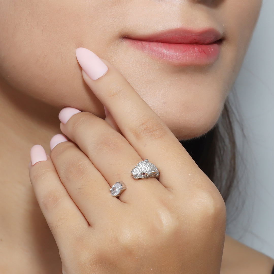 Panthera Solitaire 925 Sterling Silver Ring. Adjustable ring size comfortably fits Indian ring size between Size 9 to 17