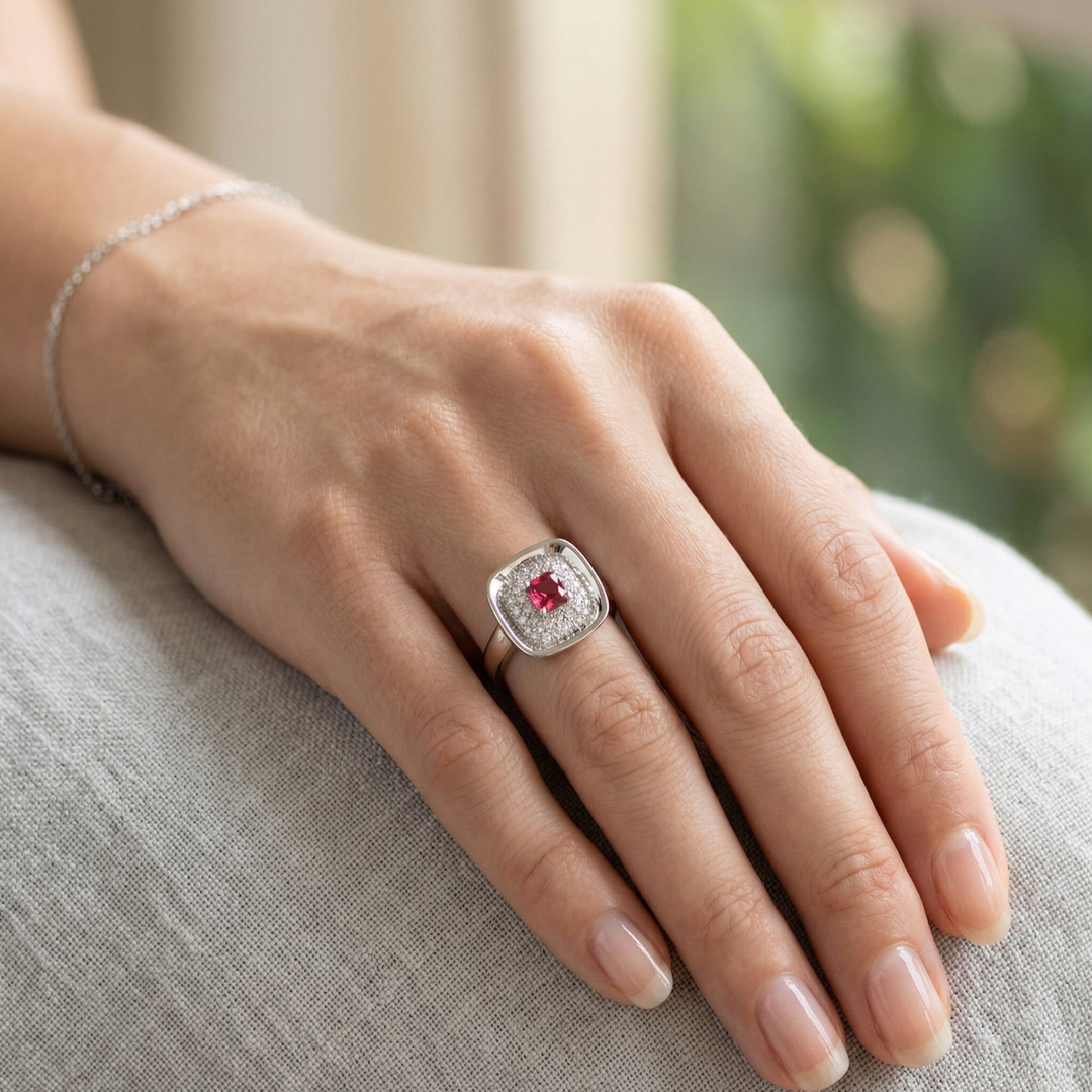 925 Sterling Silver Ruby Color Pear Shape Halo Ring For Women