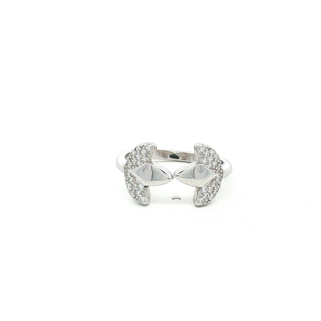 Stylish 925 Silver Open Ring with Dual Crystal Leaf Design