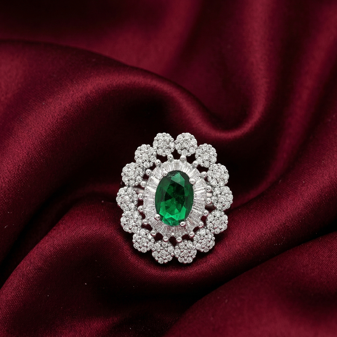 925 Sterling Silver Green Oval Zircon Floral Halo Ring For Women