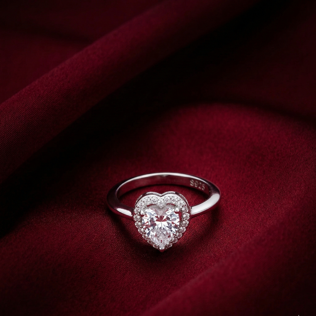Classic Heart Shape Diamond Ring in 925 Sterling Silver for Women