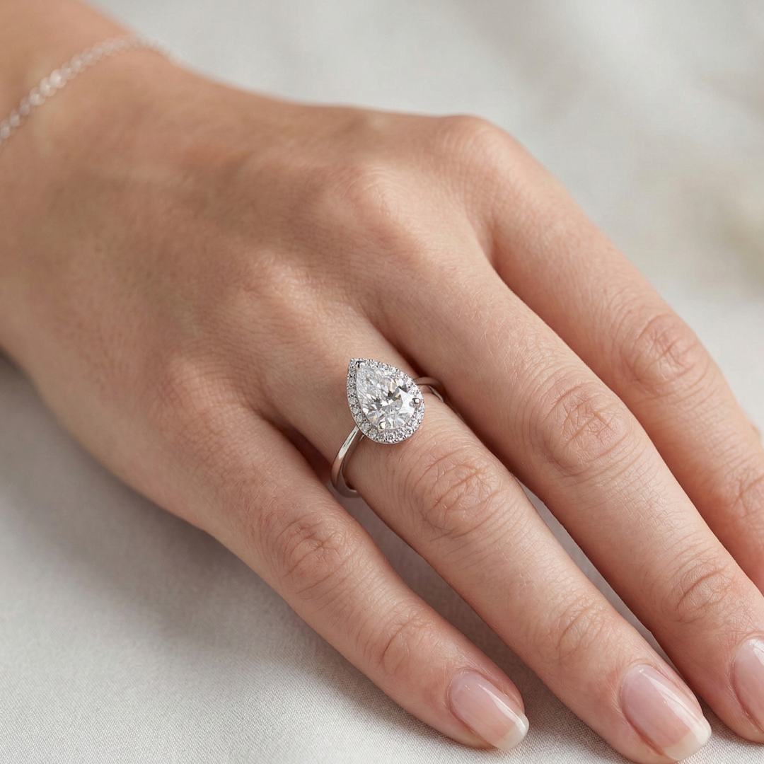 Sparkling 925 Sterling Silver Pear-Shaped Double Halo Ring