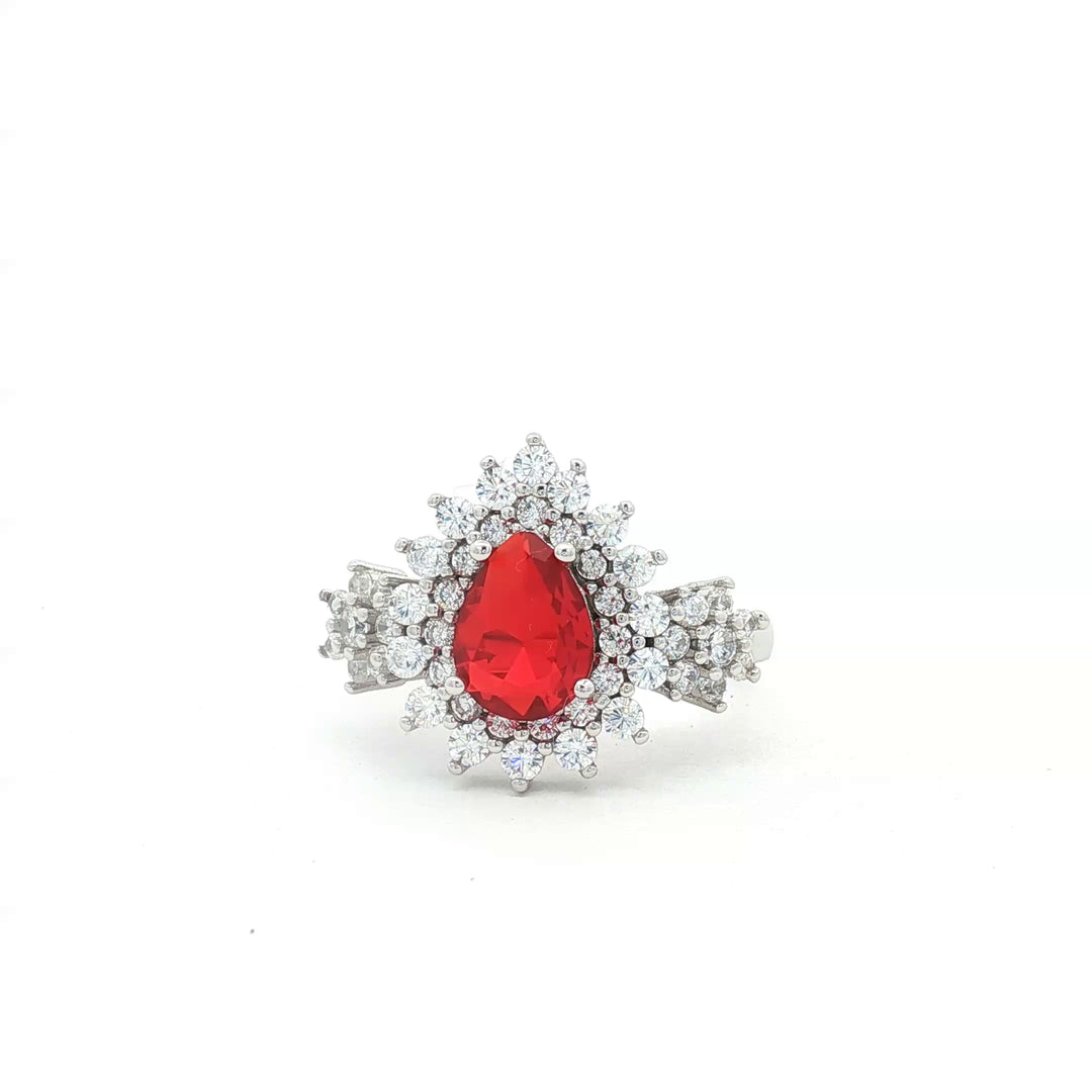 925 Sterling Silver Ruby Color Pear Shape Halo Ring For Women