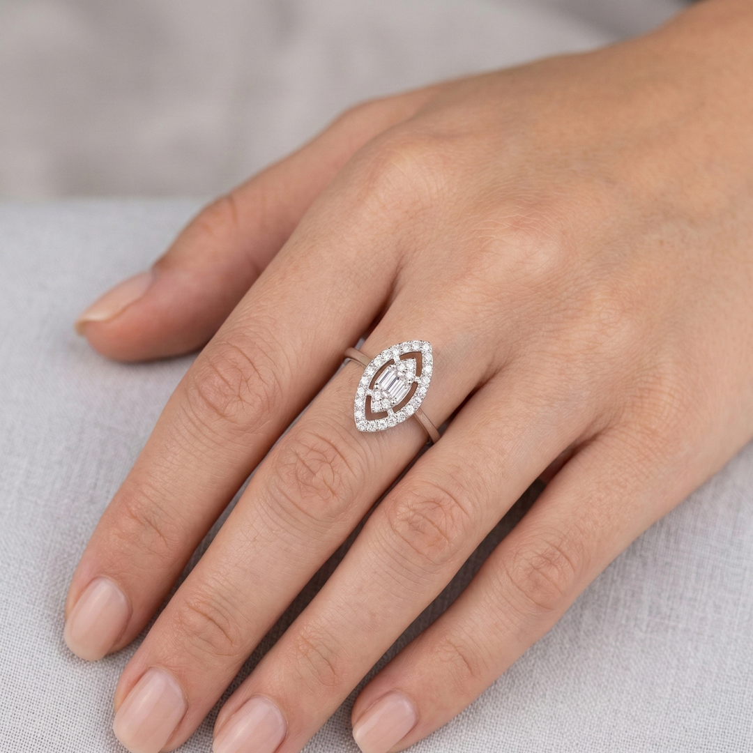 925 Sterling Silver Marquise Shape Sparkling Halo Ring For Women