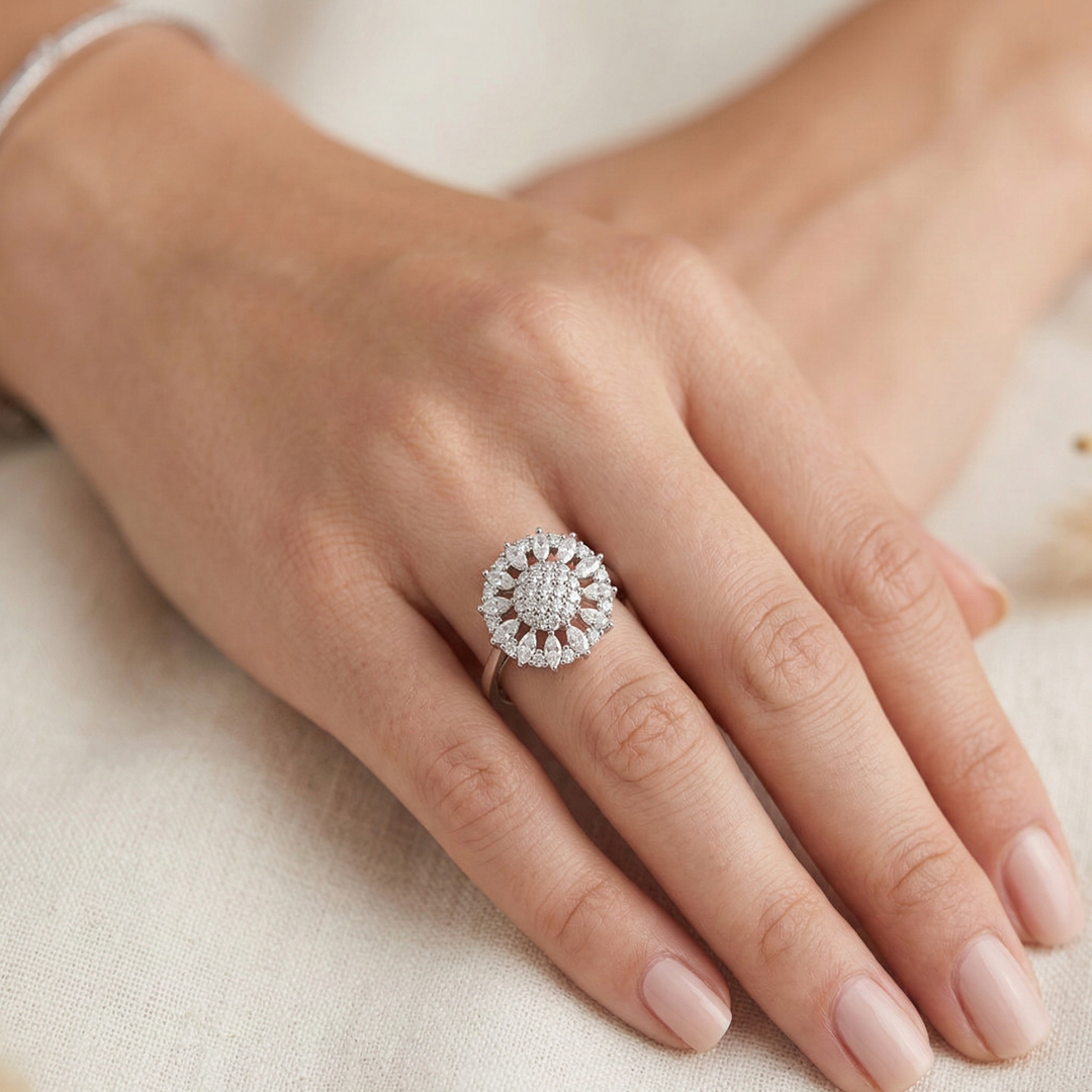 925 Sterling Silver Marquise Shape Sparkling Halo Diamond Ring For Women