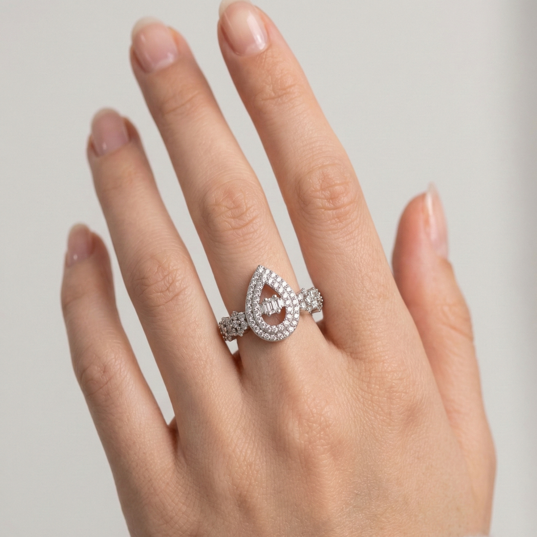 925 Sterling Silver Pear-Shaped Halo Ring For Women
