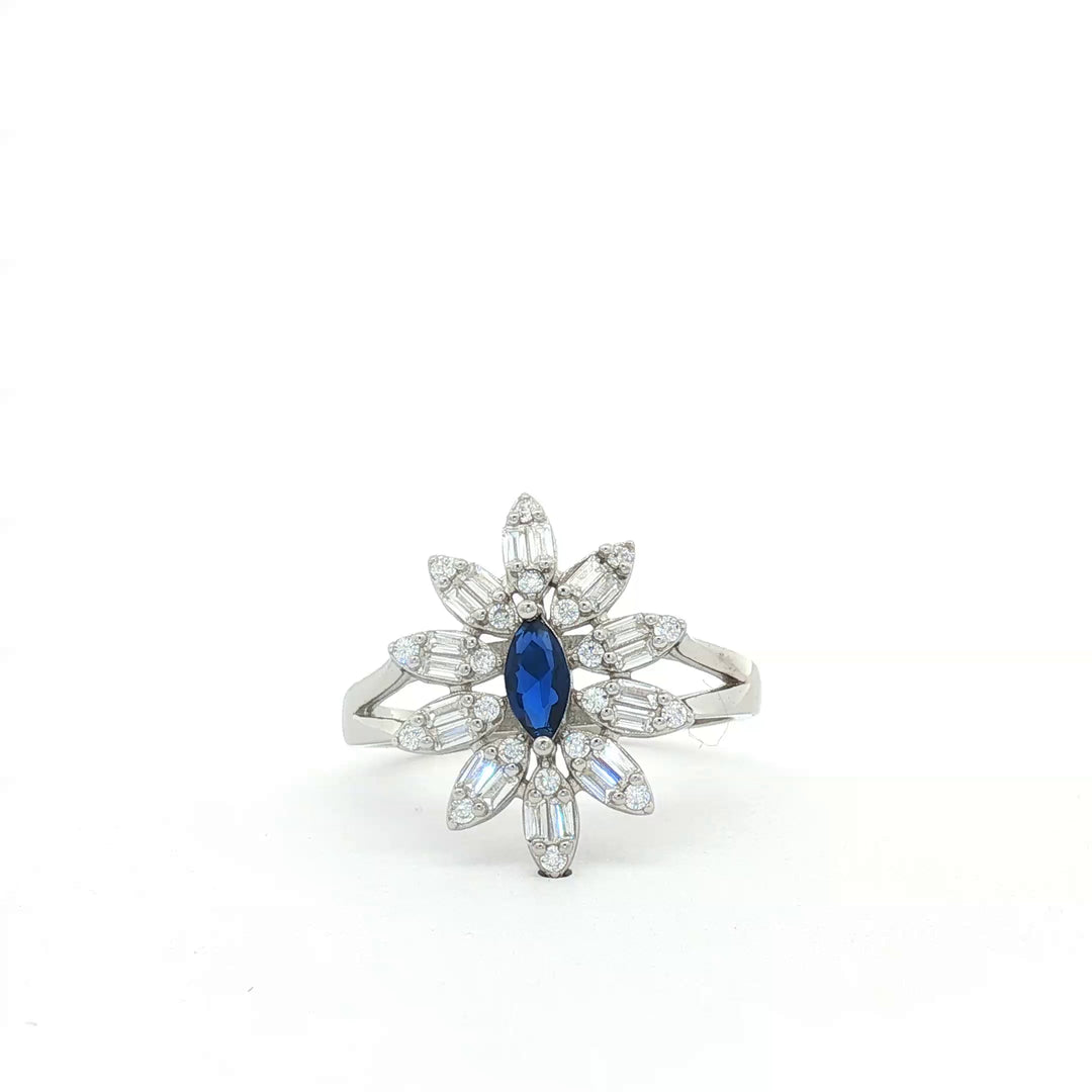 925 Sterling Silver Marquise Diamond Blue Flower Ring for Women