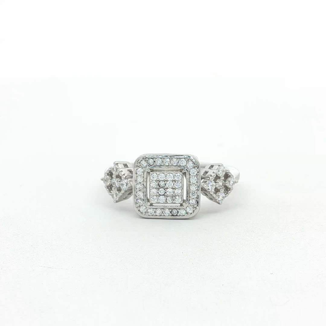 Sparkling 925 Sterling Silver Square Halo Ring with Accent Diamonds