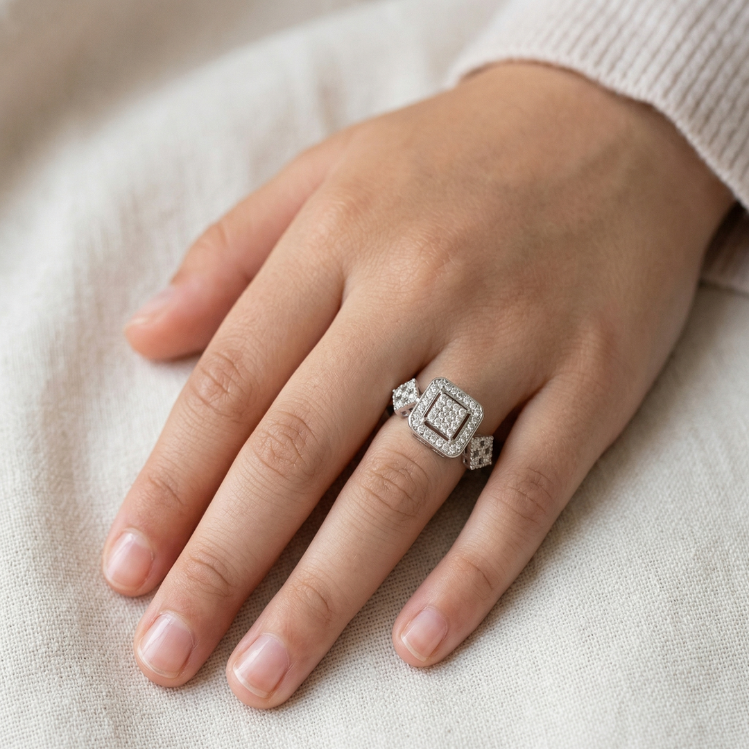 Sparkling 925 Sterling Silver Square Halo Ring with Accent Diamonds