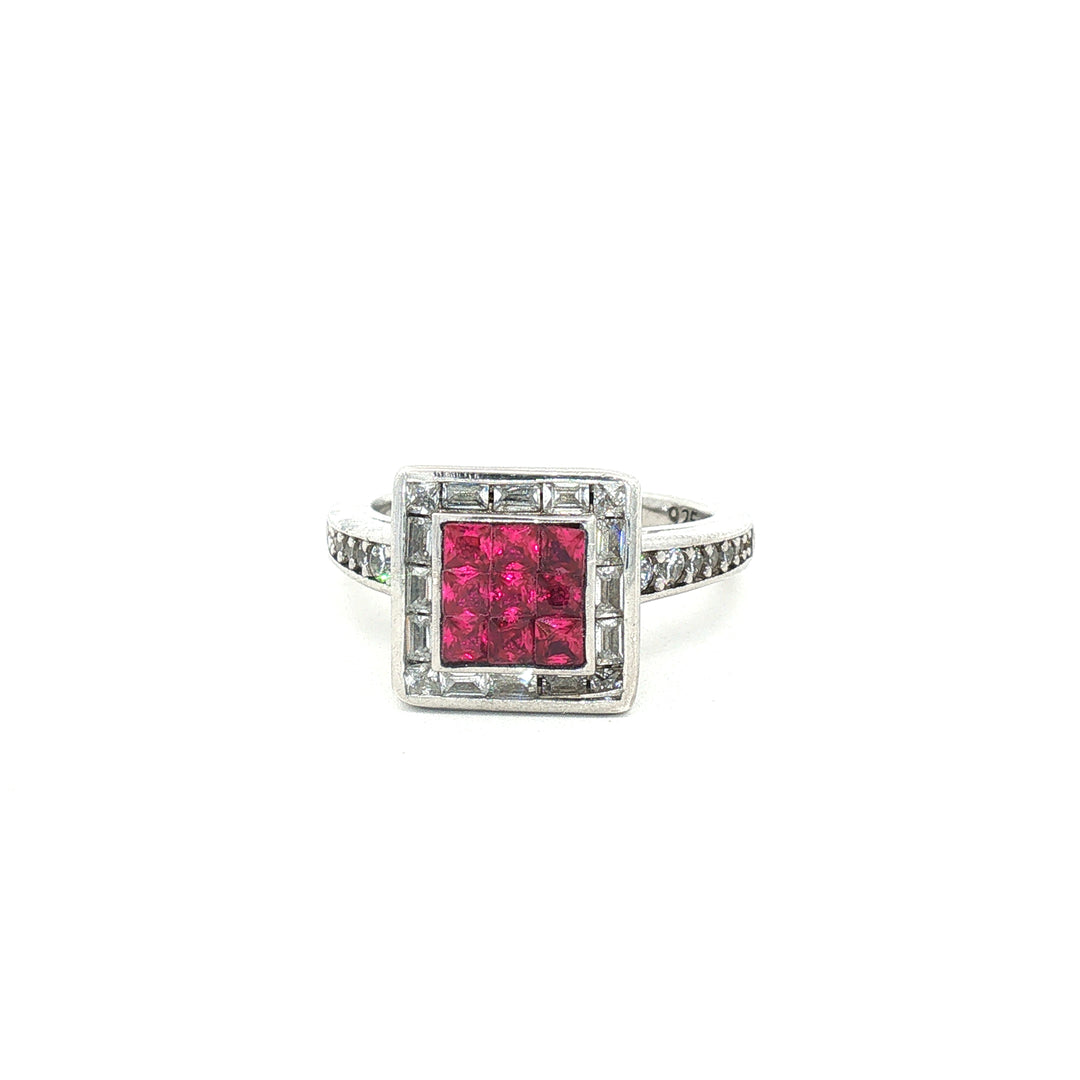 925 Sterling Silver Ruby Color Squire Shape Halo Ring For Women