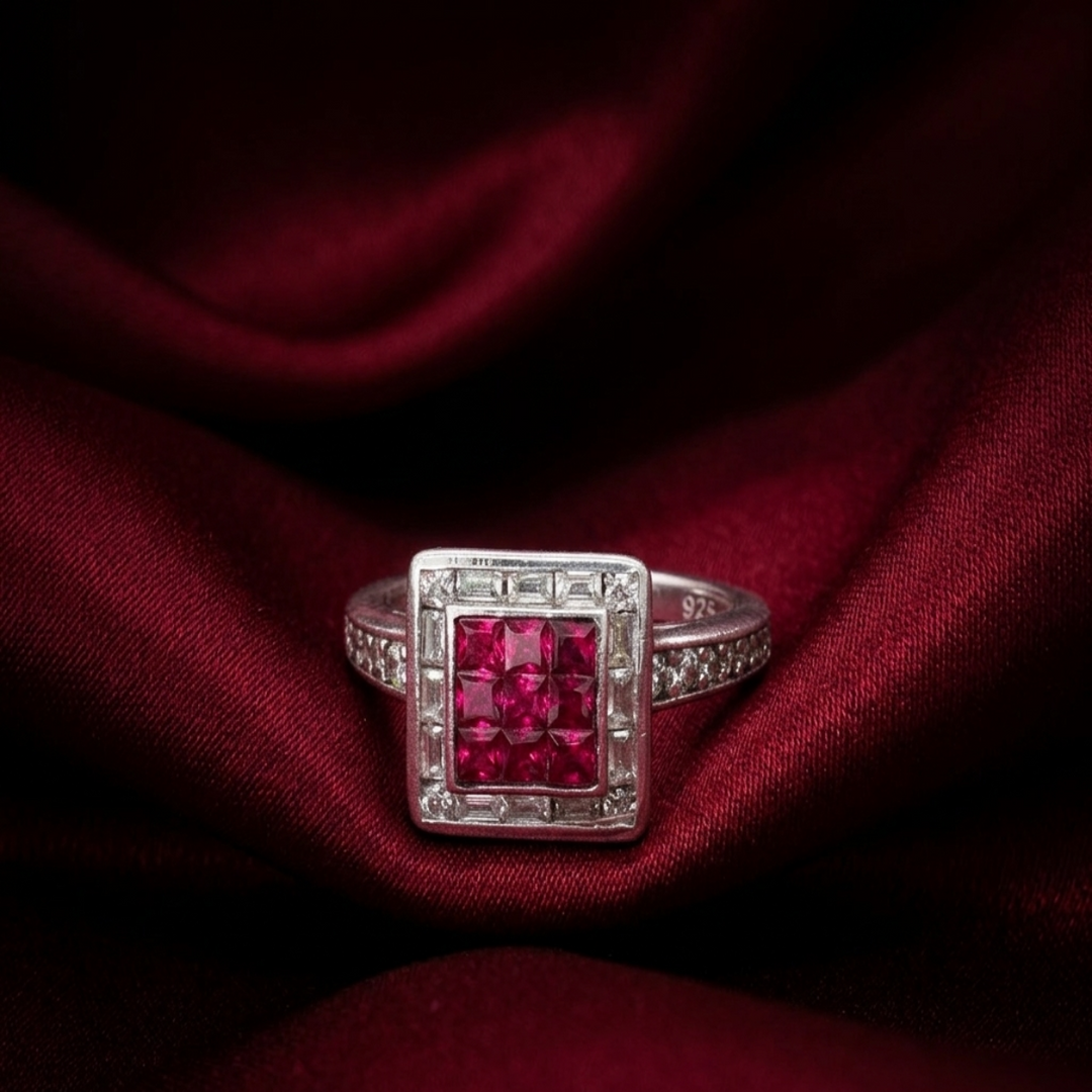 925 Sterling Silver Ruby Color Squire Shape Halo Ring For Women