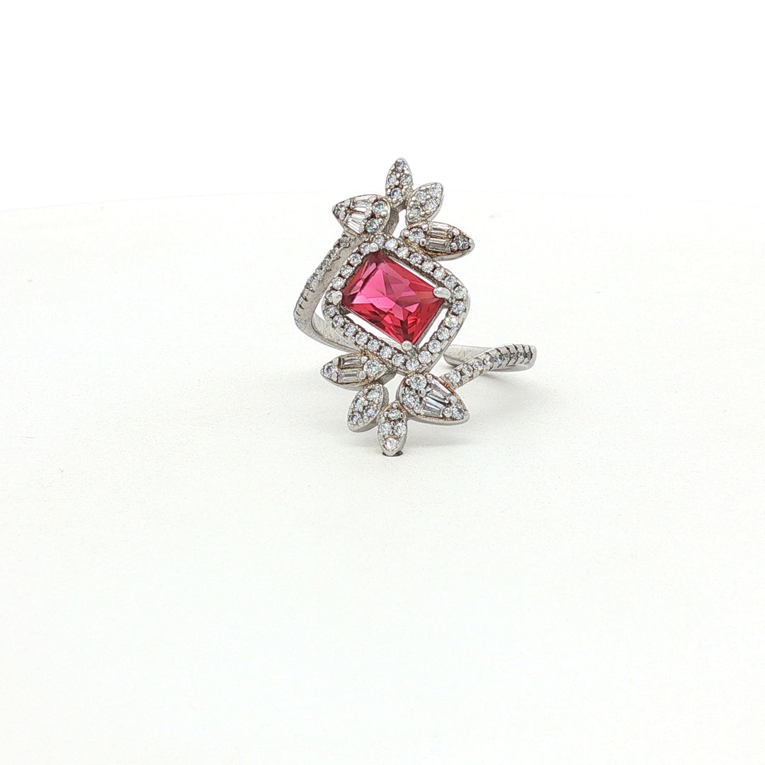 Dazzling 925 Sterling Silver Ruby-Tone Halo Ring with Sparkling Accents