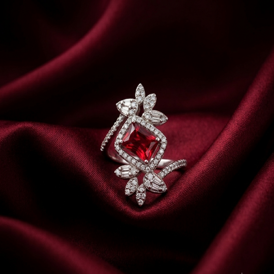 Dazzling 925 Sterling Silver Ruby-Tone Halo Ring with Sparkling Accents