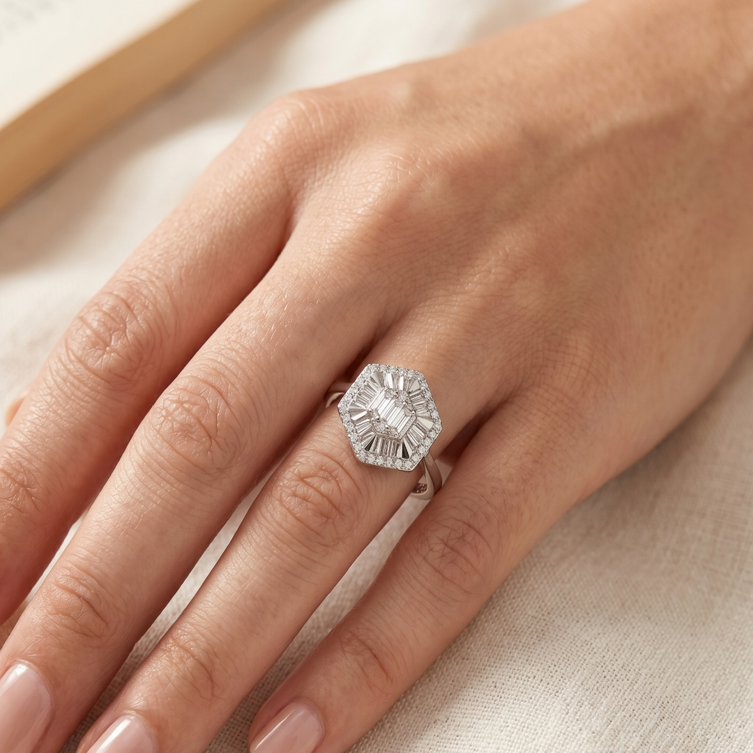 Luxury 925 Sterling Silver Floral Ring Sparkling CZ Diamond Look
