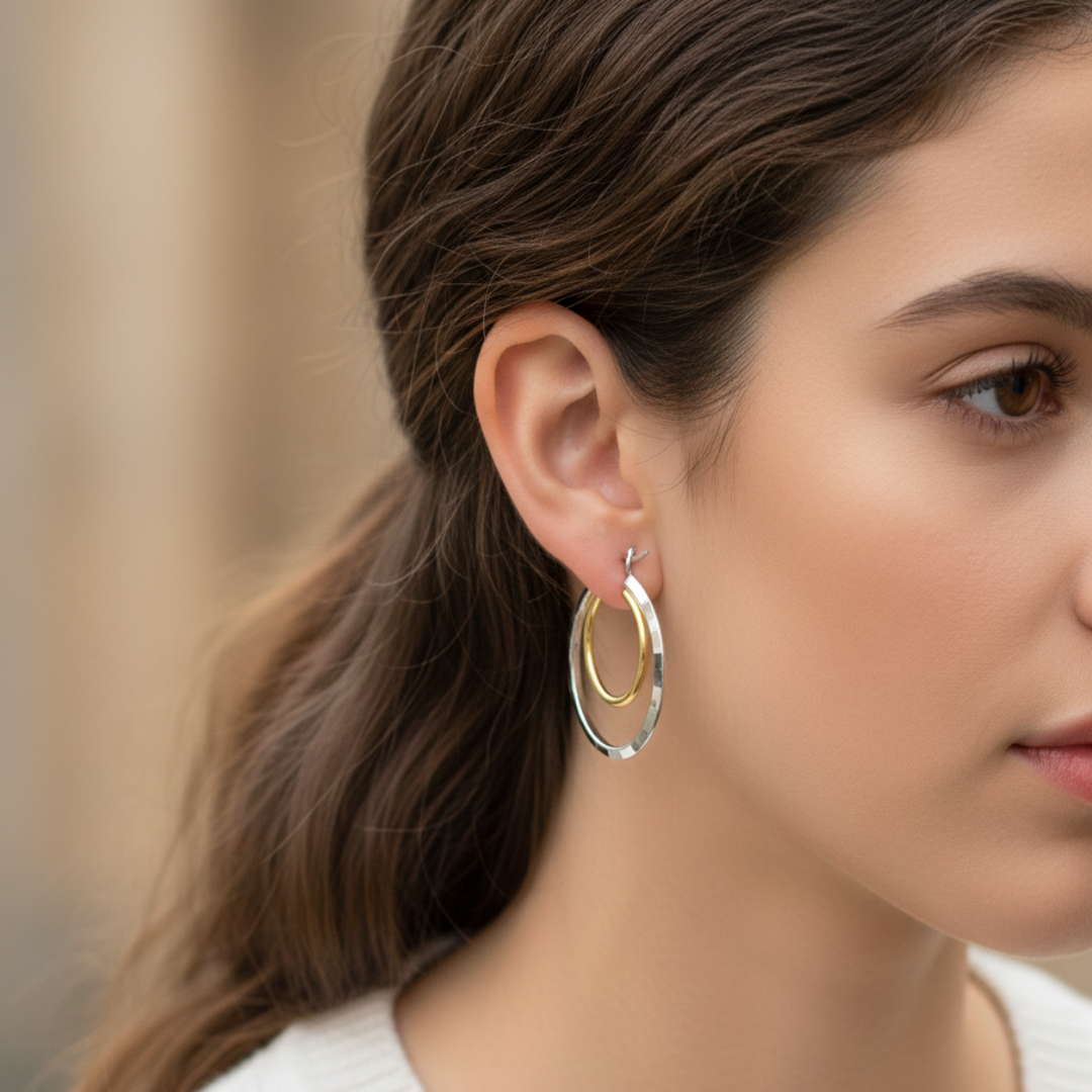 Aditi Double Hoops Two Tone 925 Sterling Silver Hoop Earrings