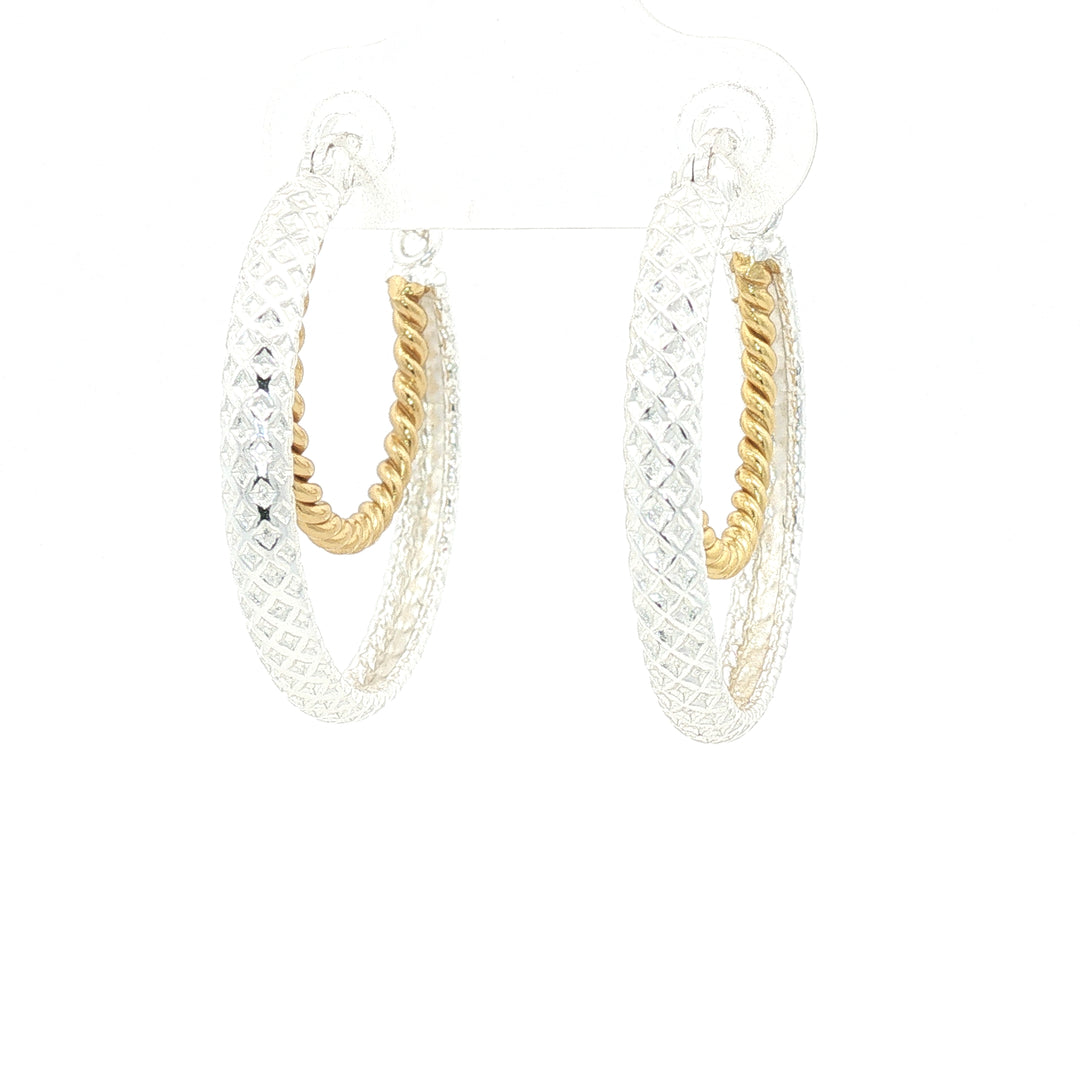 Stylish Two-Tone Double Hoop 925 Sterling Silver Earrings