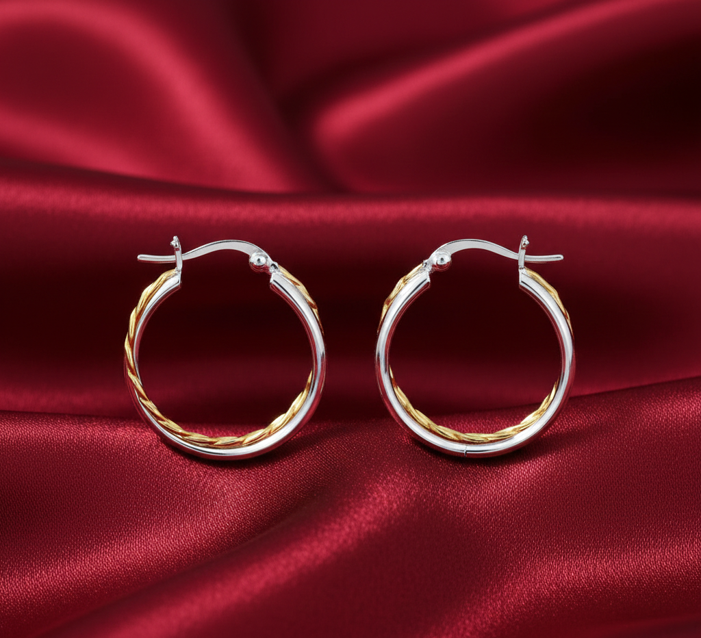 Pihu Double Hoops Two Tone 925 Sterling Silver Hoop Earrings