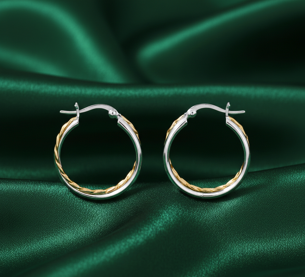 Pihu Double Hoops Two Tone 925 Sterling Silver Hoop Earrings