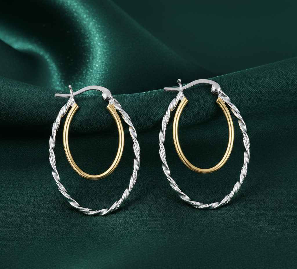 Duniya Double Hoops Two Tone 925 Sterling Silver Hoop Earrings