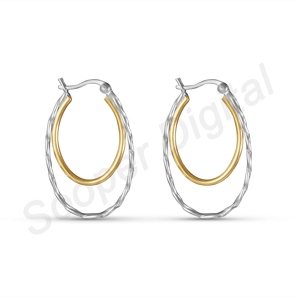 Pair of hoop earrings with gold and silver finish on a white background